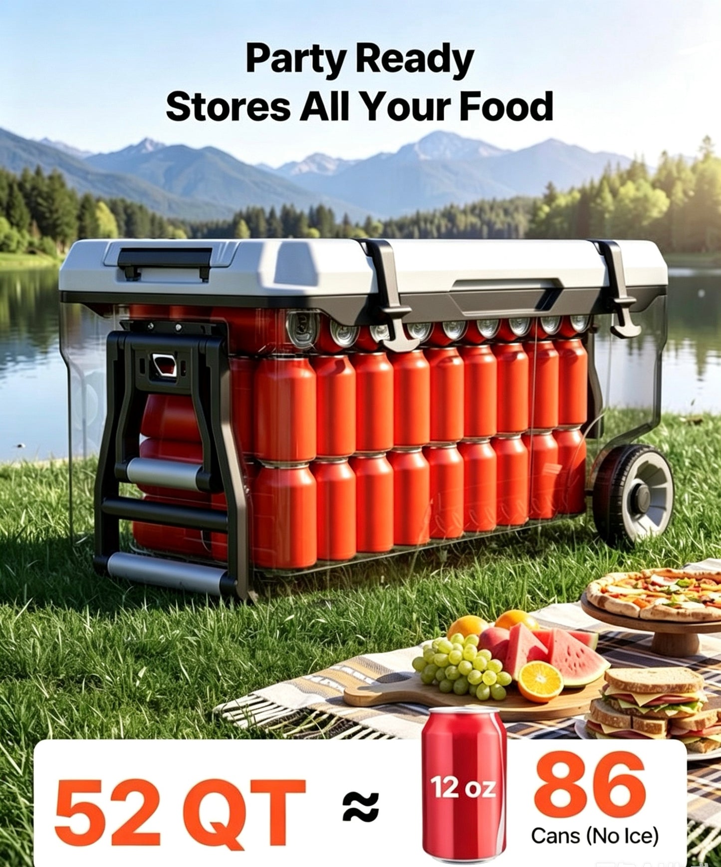52QT Portable Rolling Hard Cooler with Wheels, Leak-Resistant Insulated Coolbox, 48 Hours Ice Retention, Ultra-Light Cool Chest for Outdoor Picnics, Grilling & Camping