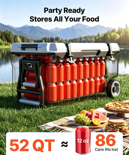 52QT Portable Rolling Hard Cooler with Wheels, Leak-Resistant Insulated Coolbox, 48 Hours Ice Retention, Ultra-Light Cool Chest for Outdoor Picnics, Grilling & Camping