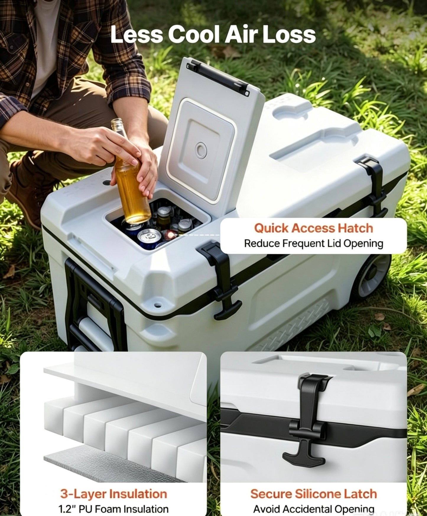 52QT Portable Rolling Hard Cooler with Wheels, Leak-Resistant Insulated Coolbox, 48 Hours Ice Retention, Ultra-Light Cool Chest for Outdoor Picnics, Grilling & Camping