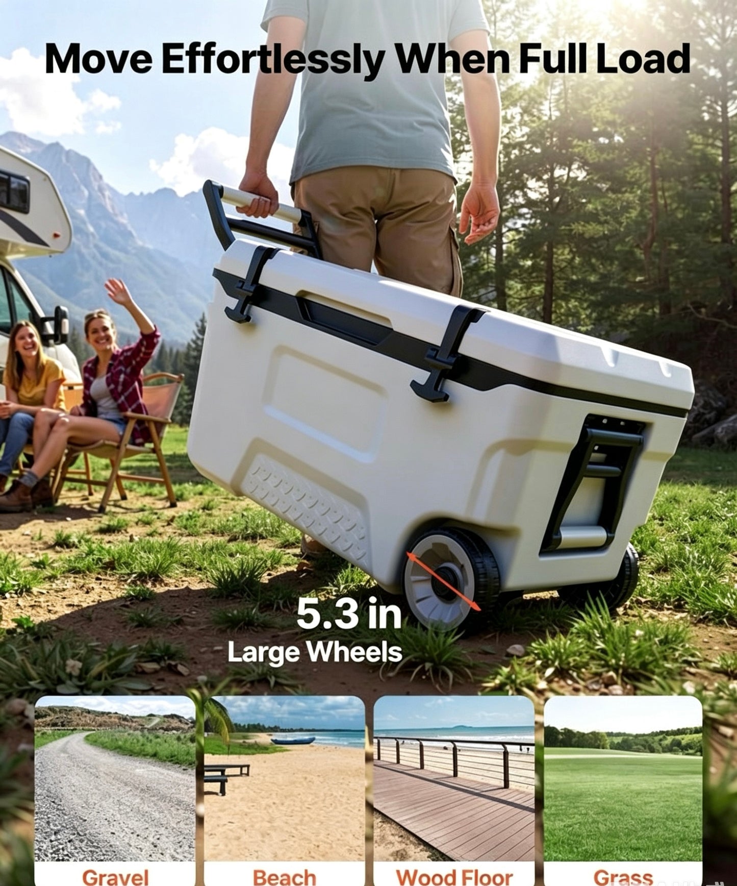 52QT Portable Rolling Hard Cooler with Wheels, Leak-Resistant Insulated Coolbox, 48 Hours Ice Retention, Ultra-Light Cool Chest for Outdoor Picnics, Grilling & Camping