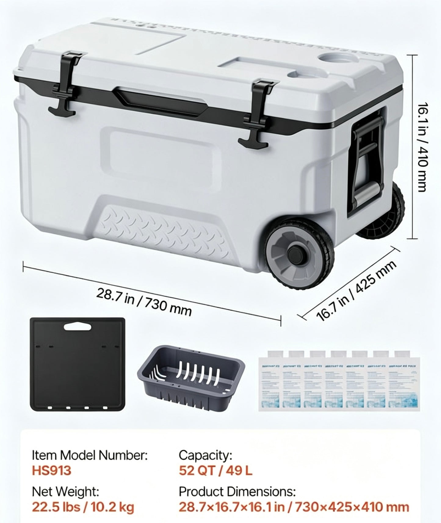 52QT Portable Rolling Hard Cooler with Wheels, Leak-Resistant Insulated Coolbox, 48 Hours Ice Retention, Ultra-Light Cool Chest for Outdoor Picnics, Grilling & Camping