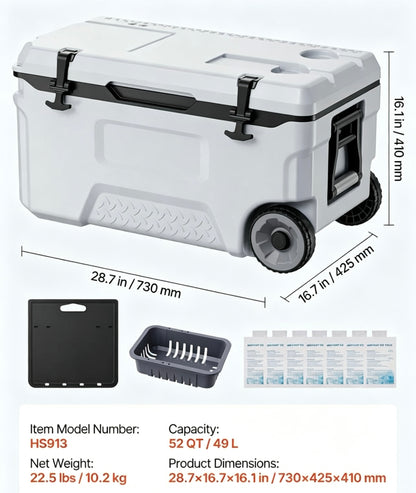 52QT Portable Rolling Hard Cooler with Wheels, Leak-Resistant Insulated Coolbox, 48 Hours Ice Retention, Ultra-Light Cool Chest for Outdoor Picnics, Grilling & Camping