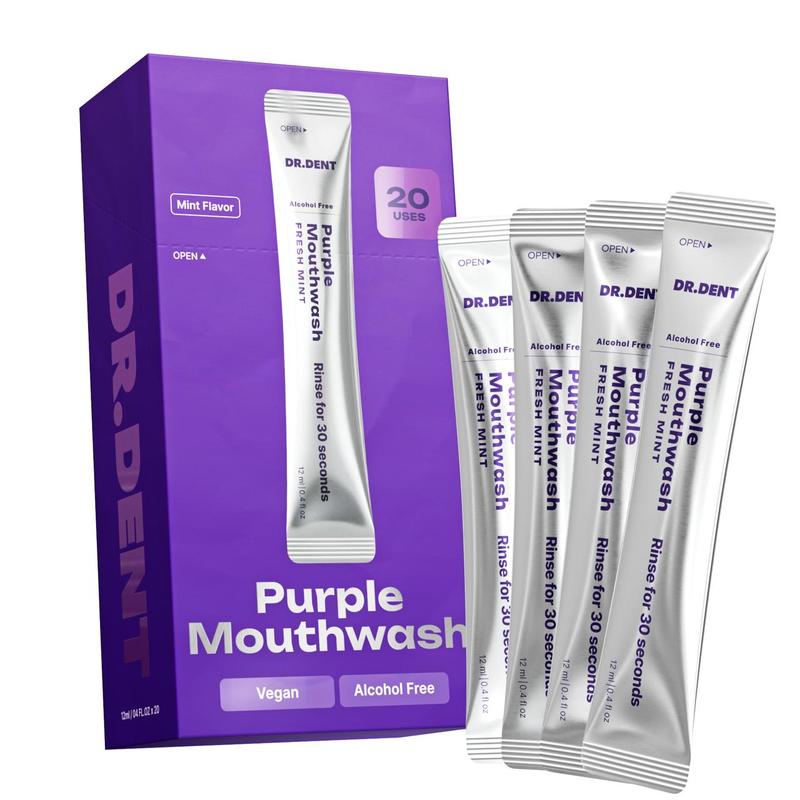 Purple Mouthwash Sachets 20 Pack, Peroxide-Free, Alcohol-Free Vegan Mint Formula
