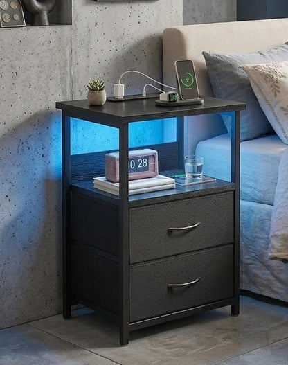 Black LED Nightstand with Charging Station, USB Ports & Power Outlets, Small Bedside Table with 2 PU Finish Fabric Storage Drawers