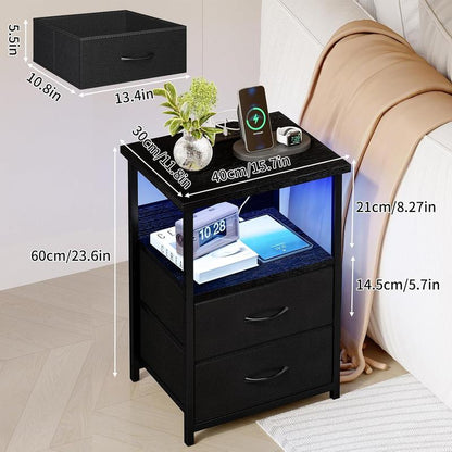 Black LED Nightstand with Charging Station, USB Ports & Power Outlets, Small Bedside Table with 2 PU Finish Fabric Storage Drawers