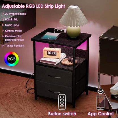 Black LED Nightstand with Charging Station, USB Ports & Power Outlets, Small Bedside Table with 2 PU Finish Fabric Storage Drawers