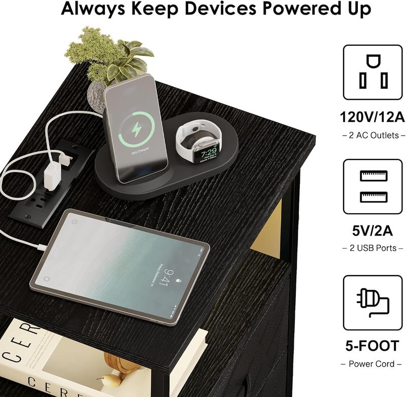 Black LED Nightstand with Charging Station, USB Ports & Power Outlets, Small Bedside Table with 2 PU Finish Fabric Storage Drawers