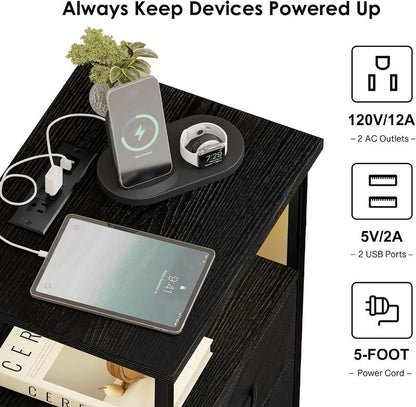 Black LED Nightstand with Charging Station, USB Ports & Power Outlets, Small Bedside Table with 2 PU Finish Fabric Storage Drawers