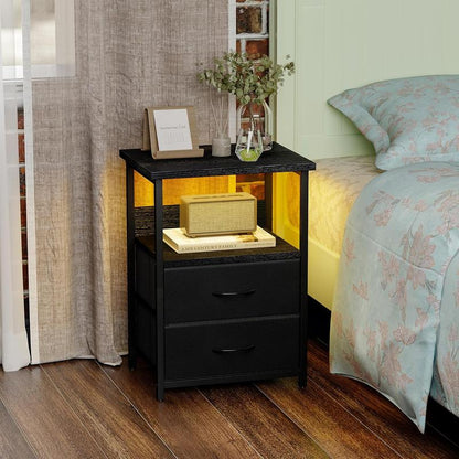 Black LED Nightstand with Charging Station, USB Ports & Power Outlets, Small Bedside Table with 2 PU Finish Fabric Storage Drawers