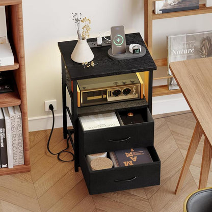 Black LED Nightstand with Charging Station, USB Ports & Power Outlets, Small Bedside Table with 2 PU Finish Fabric Storage Drawers